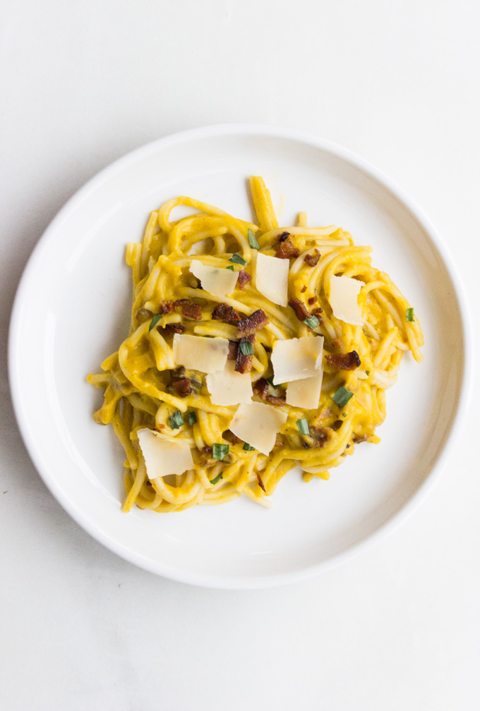 Butternut Squash Carbonara {Gluten, Dairy + Egg-free}